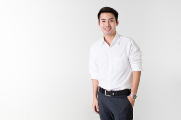 Young and handsome healthy Asian woman with a friendly smiley face and positive happy pose on a plain background. Concept for joy, proud, self-confident, and successful male in business and life