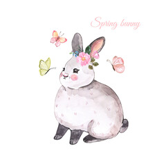 Obraz premium Watercolor hand painted cute bunny with flowers and butterflies, isolated on white background. Little woodland animal illustration. Spring Easter card in cartoon style.