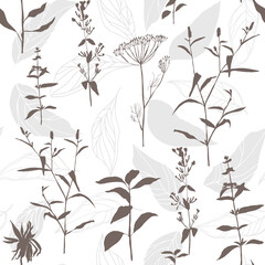Vector floral seamless pattern. Realistic hand drawn flowers and leaves in pastel colors on white background.