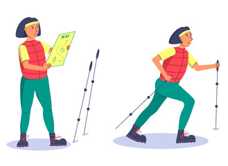 Vector illustration healthy lifestyle character in different poses. Girl is walking on the hiking trail and girl looks at the orienteering map.