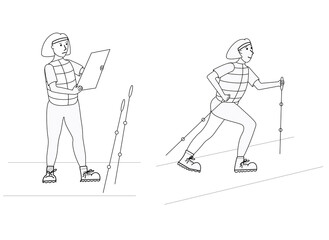 Vector line art illustration of healthy lifestyle character in different poses. Girl is walking on the hiking trail and looks at the orienteering map.