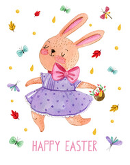 Watercolor cute easter postcard with rabbit girl what run with a basket, on white background with butterflies and gold drops. Simple illustration in kids style