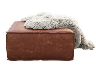 Brown leather ottoman with fur plaid. 3d render