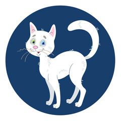 Funny white cat with multi-colored eyes. In cartoon style. Isolated on dark blue background. Vector flat illustration.