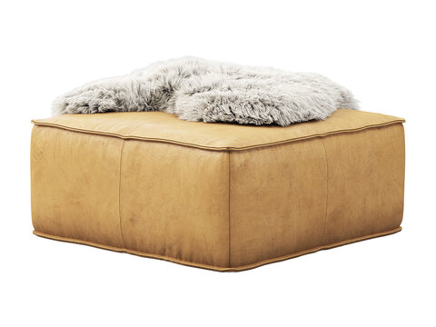 Beige Leather Ottoman With Fur Plaid. 3d Render