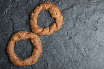 Turkish crunchy round braided bagels with sesame seeds