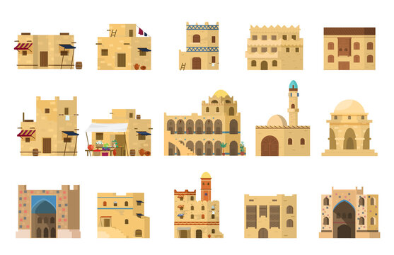 Flat Vector Set Of Authentic Traditional Arabian Mud Brick Houses. Islamic Architecture. Isolated On White.