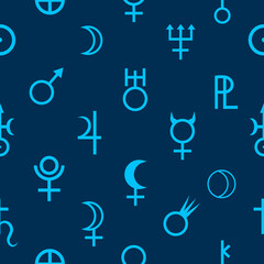 Symbols of planets on dark blue background, seamless astrology background