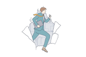 Success, achieving goals, business leadership concept. Young smiling businessman running making breakthrough paper hole achieving targets at work in career and business illustration 