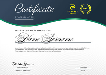 Certificate of appreciation template with deep blue and deep green gradient color, multipurpose, elegant, and simple design.