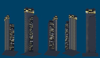 3d illustration of skyscrapers - diffferent fictional skyscrapers at dark time with lights on - isolated on blue, bottom view