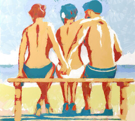 Relationship: love, friendship and treason, betrayal concept. Two girls and a guy in the summer by the sea.Painting with a bold brush style