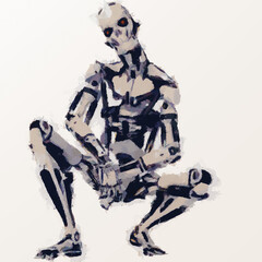 Art and technology conceptWhite robot, a cyborg, an artificial intellect, squats with arms folded and looks at the camera with interest, with its head bowed.Painting with a bold brush strokes style