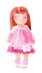 Watercolor illustration of a tilda doll in a pink dress