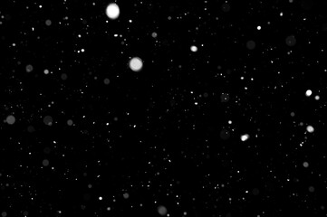 Bokeh of white snow on a black background. Snowfall - design element.
