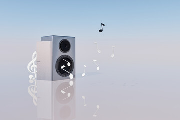 3D render of a white speaker emitting musical notes