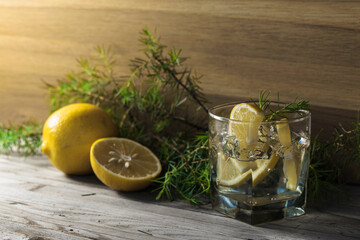 Cocktail with lemon slices and juniper branch on a old wooden table.