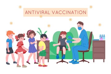 Vaccination concept for immunity health. Vaccine anti Covid-19. Doctors makes an injection of antivirus vaccine to kids and inviting next. Child healthcare, coronavirus, prevention and immunize.