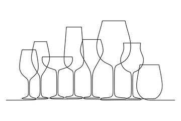 Different wine glasses in continuous line art drawing style. Glassware for wine tasting and drinking minimalist black linear design isolated on white background. Vector illustration - obrazy, fototapety, plakaty