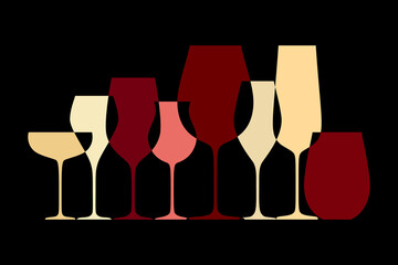 Different wine glasses. Abstract design with different shape glassware for wine tasting and drinking isolated on black background. Vector illustration