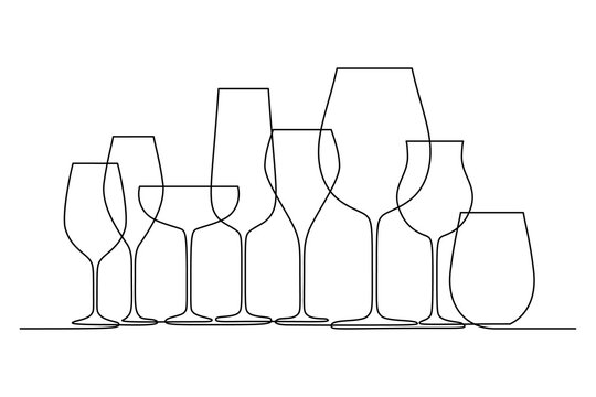 Different wine glasses in continuous line art drawing style. Glassware for wine tasting and drinking minimalist black linear design isolated on white background. Vector illustration