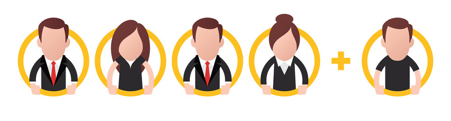 Vector image of a composite and simple circular icon representing an employee. Plus a new member. Isolated on white background.