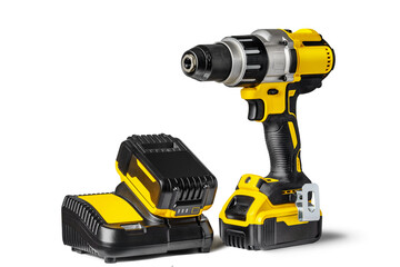 Yellow-black cordless Combi Drill Driver Hammer Drill and extra battery with charger isolated on...