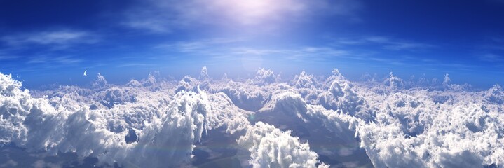 Panorama of beautiful clouds top view, sunrise above the clouds, light above the clouds, 3D rendering
