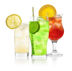 Delicious refreshing drinks in glasses on white background