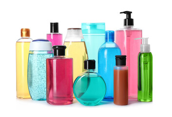 Bottles of different personal hygiene products on white background