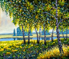 Sonnige Malerei Landschaft schöne Birken am Ufer des Flusses © weris7554
