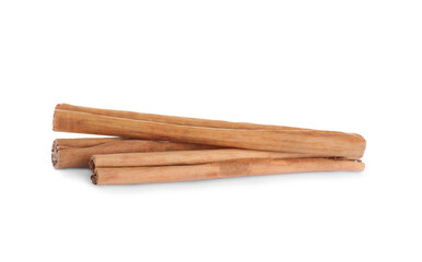 Aromatic brown cinnamon sticks on white background