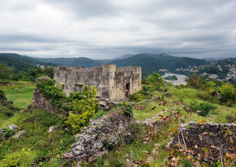Fototapeta na wymiar Landscape with old church ruins near Bagrati cathedral, Georgia