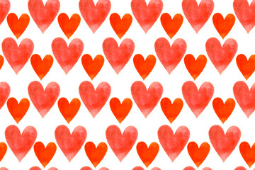 Seamless hand-drawn watercolor red heart pattern. Painted romantic love illustration background.