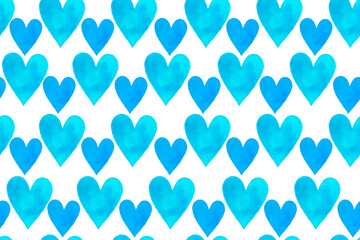 Seamless pattern with hand drawn watercolor heart. Hand painted pattern. Romantic ornament for valentines day. Isolated on white background. Blue sky heart pattern.