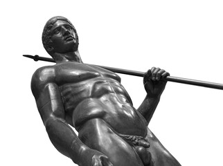 Ancient naked strong man sculpture. Young male athlete with spear statue isolated on white...