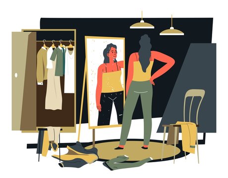 Woman Looking At Mirror In Changing Room Vector