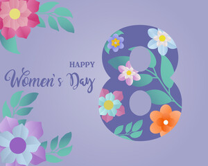 Banner for International Women's Day. Flyer for March 8 with flower decoration. Number 8  in cut paper style with spring plants, leaves and flowers