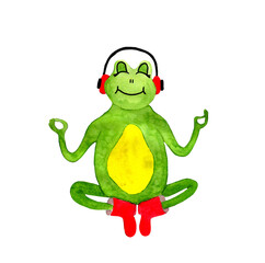 Watercolor cartoon frog listens music in lotus pose isolated on white