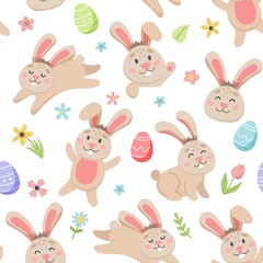 Easter spring pattern with cute bunnies, eggs, birds, bees, butterflies. Hand drawn flat cartoon elements. Vector illustration