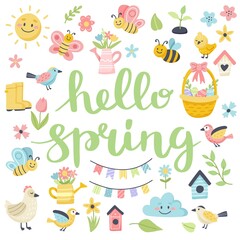 Hello spring lettering with cute birds, bees, flowers, butterflies. Hand drawn flat cartoon elements. Vector illustration