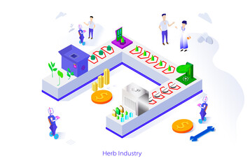 Obraz premium isometric of Herb Industry factory by processing plants, vegetables into extracts and producing drugs or medicine for medical health. Scientists Designing to Operate AI Robots to Control Product
