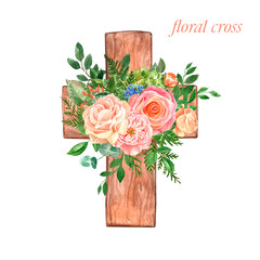 Easter cross watercolor painting. Wooden cross with beautiful flowers and greenery foliage, isolated on white background. Illustration for First communion decor, wedding invites, religious cards.