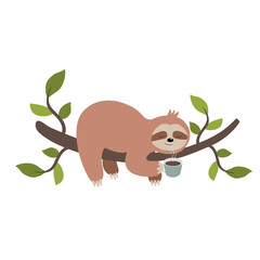 Vector hand drawn cute cartoon sloth hanging on a tree branch and smelling the morning coffee