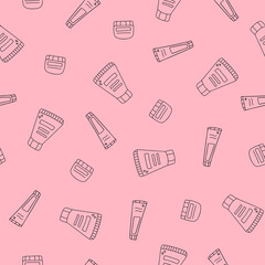 Cute vector seamless hand drawn pattern with face cream, bottles and jars for beauty care in pink colors. Can be used for the posters, wrapping paper, bedclothes, socks, towels, notebook, packages.