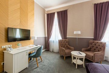 Interior photography, modern hotel room, with twin beds, in modern style