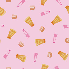 Cute vector seamless hand drawn pattern with face cream, bottles and jars for beauty care in pink colors. Can be used for the posters, wrapping paper, bedclothes, socks, towels, notebook, packages.