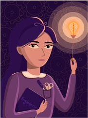 Vector illustration in vintage steampunk style. A girl in a purple dress holds an engineering manual in her hands