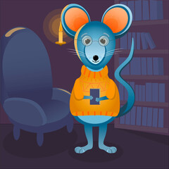 Vector illustration in cartoon style, a mouse in a warm yellow sweater and glasses holds a book in its paws