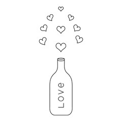 A bottle of love. Sketch. Vector illustration. Isolated white background. Coloring book for children. Valentines Day. Lettering. The hearts are flying out of the container. Love potion. 